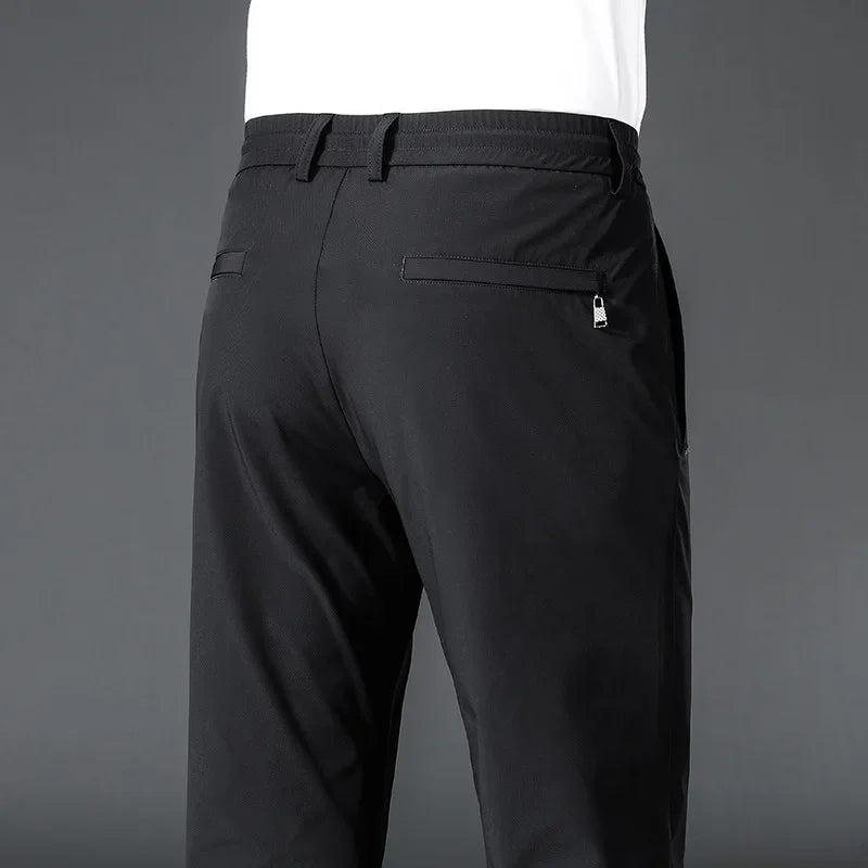 BROWON Black Pants Men 2026 Summer New Ice Silk Sports Casual Pants Thin Breathable Elastic Solid Color Mid Straight Trousers