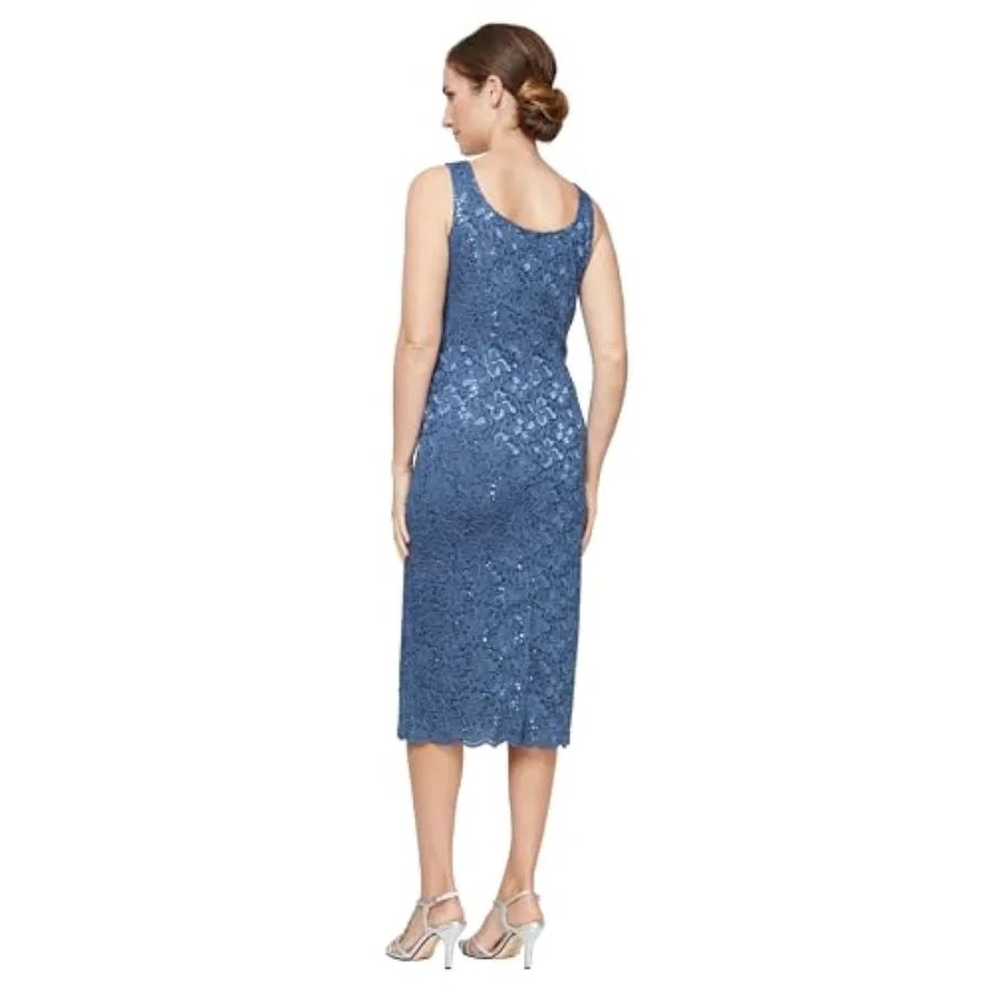 Women's Tea Length Sequin Lace Mother of The Bride Dress with Illusion Sleeve Jacket