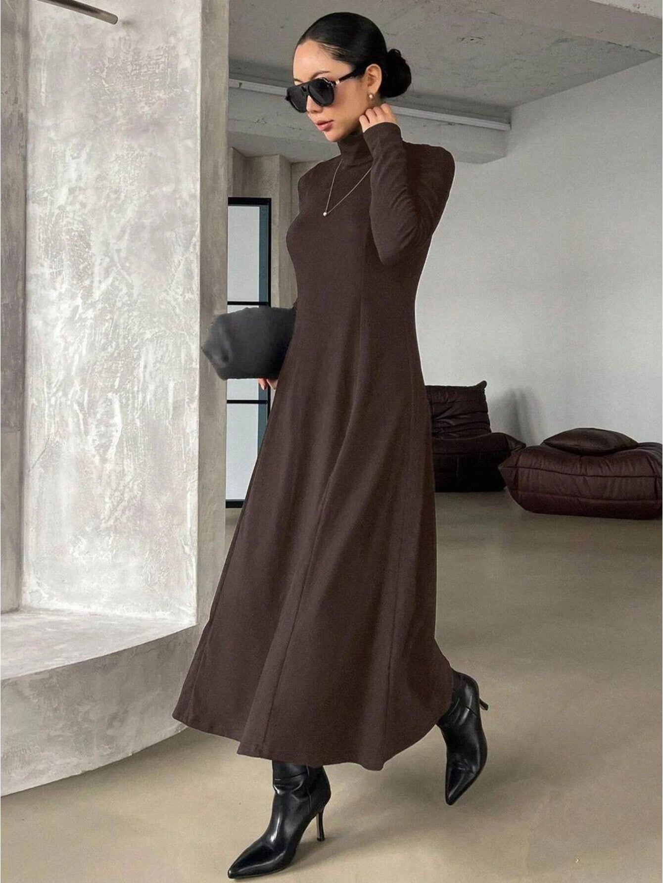 High Neck Long Sleeve Swing Midi Dress For Women Slim Fit Side Slit Elegant Daily Dress
