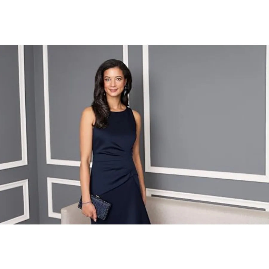 Women's Sleeveless Stretch Scuba Crepe Mother of the Bride Dress with Tucked Waist and Cascade Detail Skirt