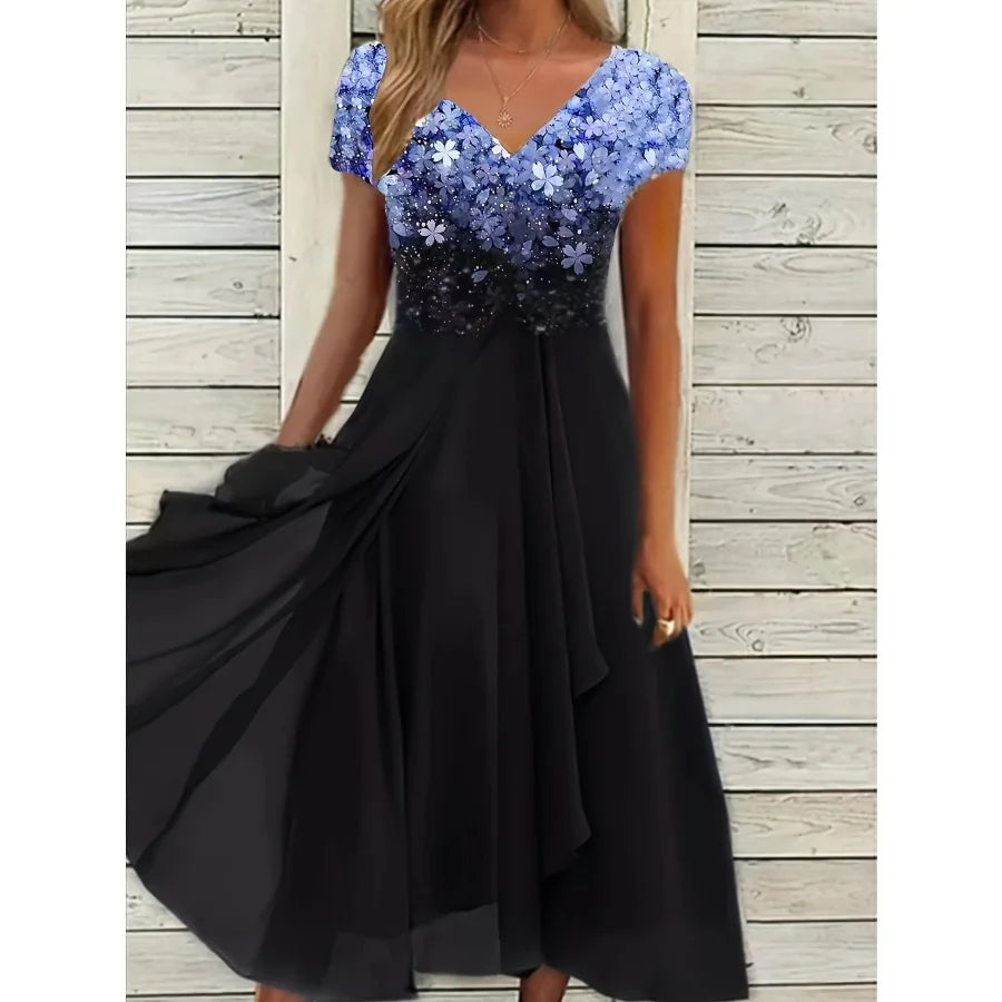 【New style】European and American women's clothing summer dress sexy print shiny stitching big swing v-neck evening gift A-lin