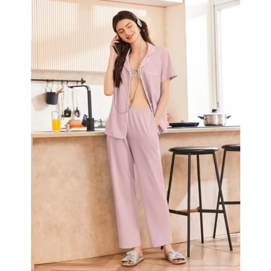 Ekouaer Women's 100% Cotton Pajamas Set Short Sleeve Button Down Pjs 2 Pcs Soft Sleepwear with Long Pants Lounge Set