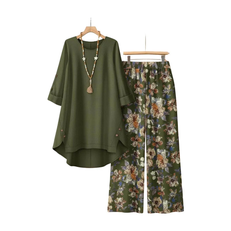 Women's Round Neck Tunic Top Matching Floral Print Wide Leg Pants Outfit For Daily Casual Travel Weekend Occasions