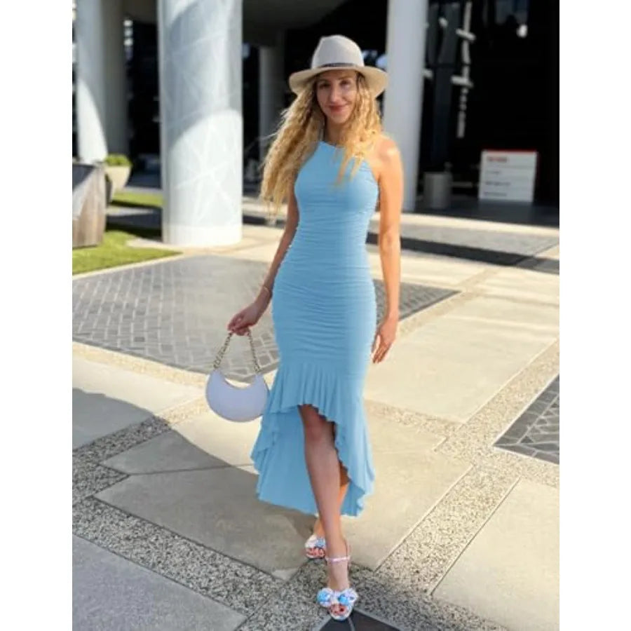 ZESICA Women's 2026 Summer Ruched Bodycon Dress Sleeveless Backless Ruffle Mermaid Cocktail Wedding Party Dresses