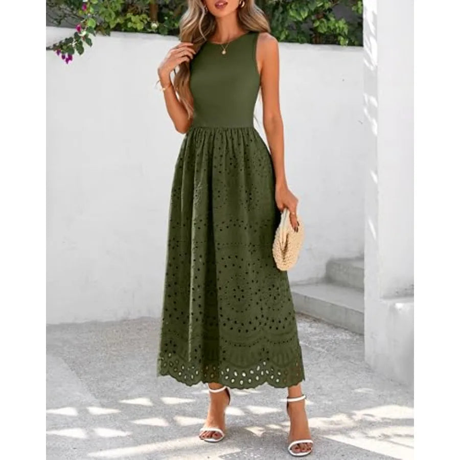 dowerme Women Summer Dresses 2026 Casual Sleeveless Crewneck A-Line Boho Lace Eyelet Cotton Tank Maxi Dress with Pockets