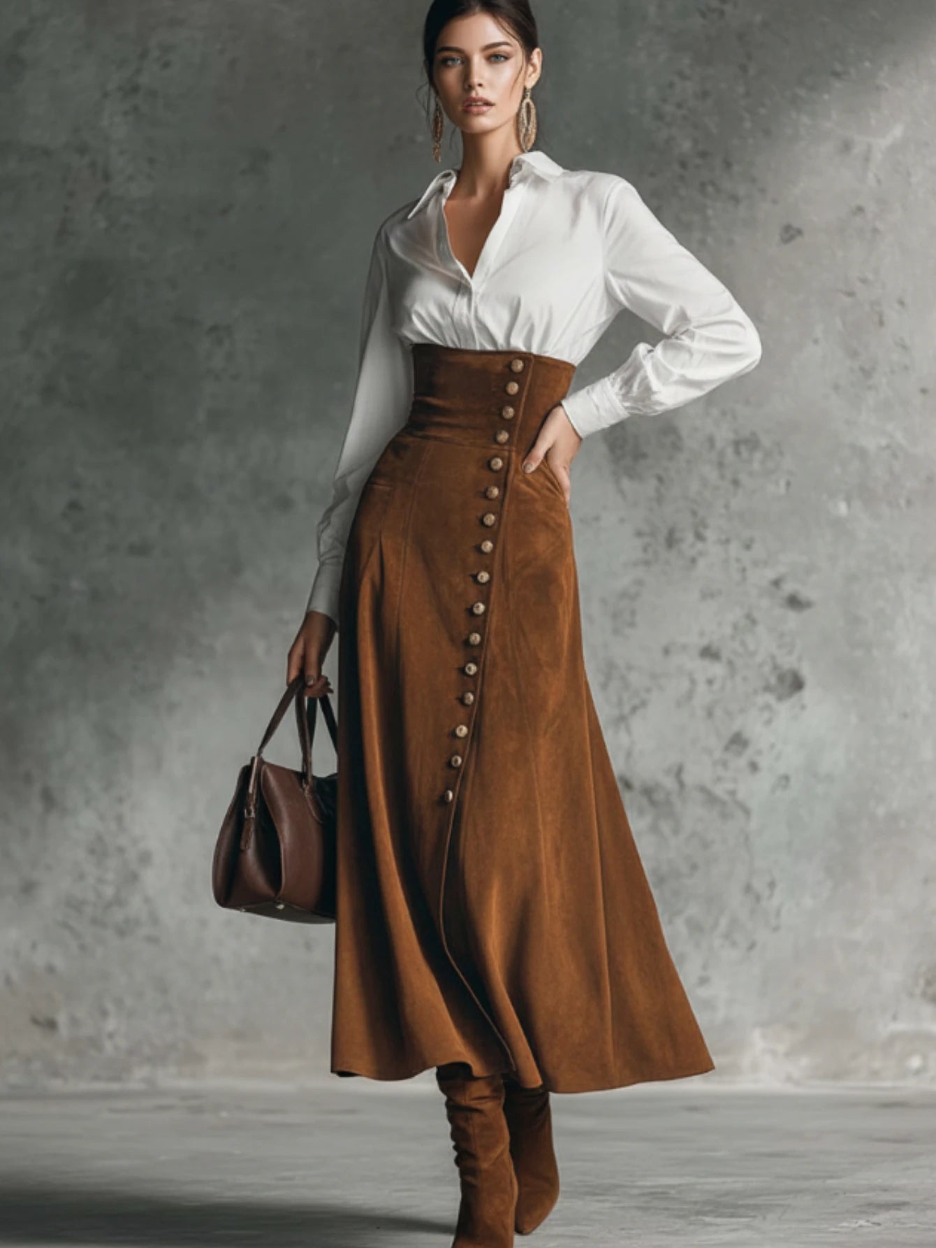 Women Two Piece Outfit Lapel Long Sleeve Shirt High Waist Side Button Flared Midi Skirt Casual Commute Matching Set For Women Daily Outdoor Wear