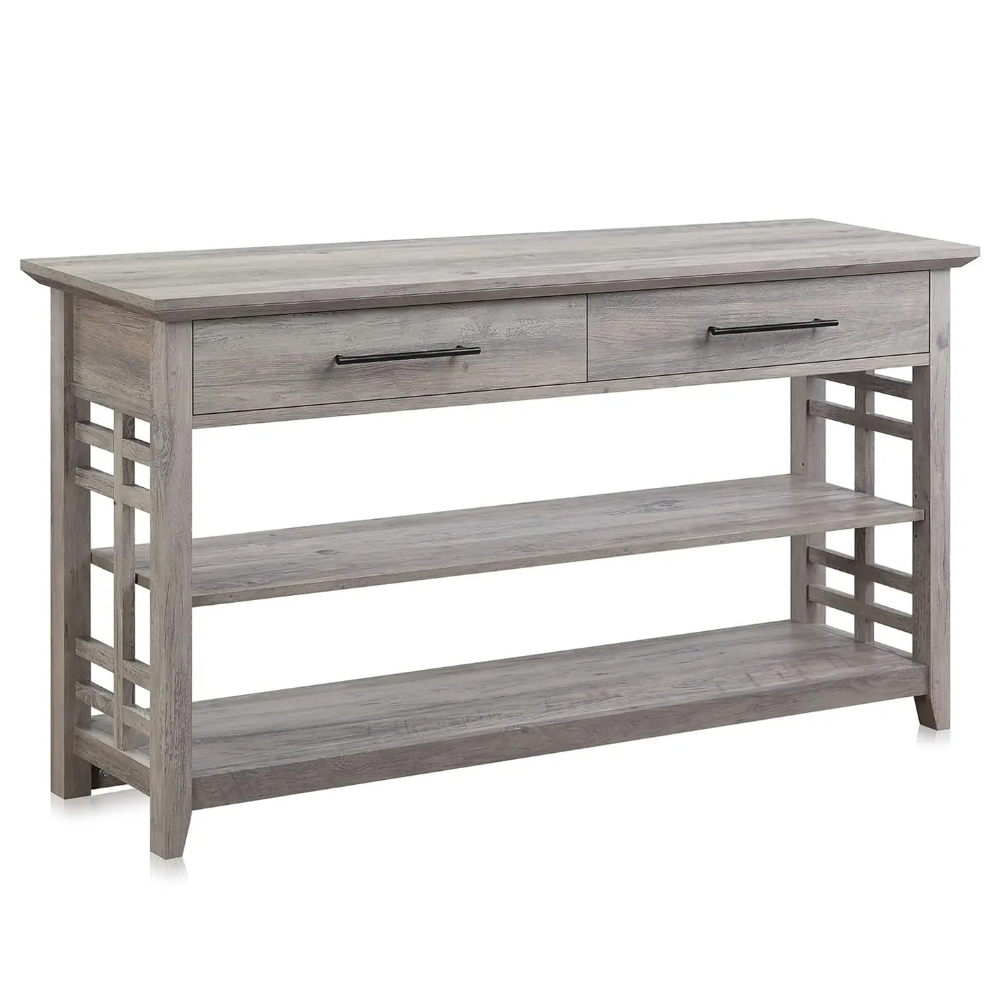 Three-Tier Console Table With Storage Shelves And Drawers
