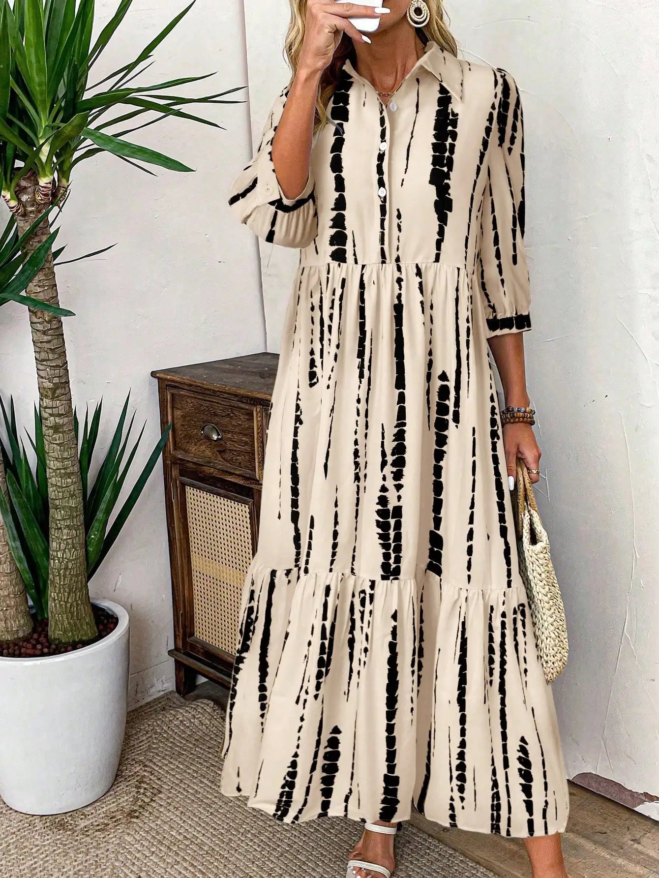 Women Tie Dye Print Casual Shirt Dress With Tiered Skirt And Button Front