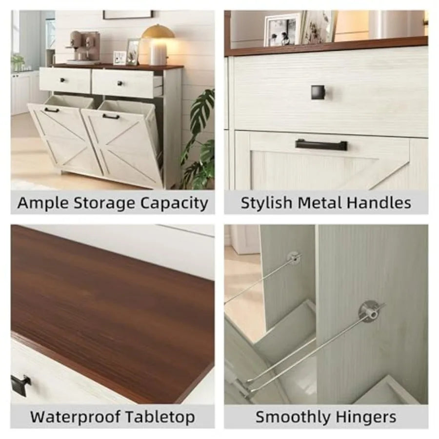 Farmhouse Double Tilt Out Trash Cabinet for 20 Gallon Trash Cans Free Standing Recycling Cabinet with Hideaway Drawer Barn Door