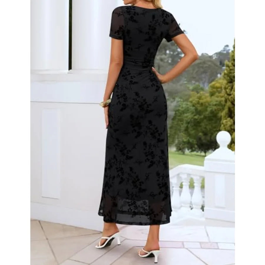 ZESICA Women's Summer Floral Bodycon Long Dress Ruched Mesh Beach Vacation Formal Cocktail Party Wedding Guest Maxi Dresses