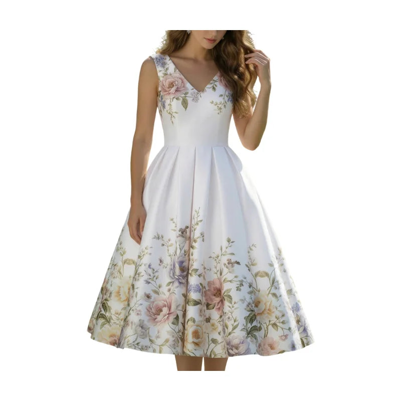 Women's V Neck Sleeveless All Over Floral Print Pleated Swing Midi Dress For Wedding Guest Garden Party Dinner Daily Fashion Occasions