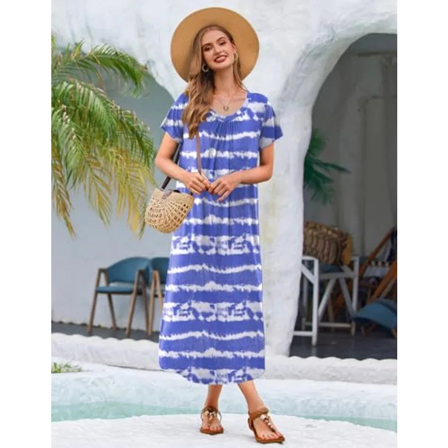Ekouaer 3 Pack Long Nightgowns for Women Plus Size House Dress Short Sleeve Night Gown V Neck Casual Nightshirt M-5XL