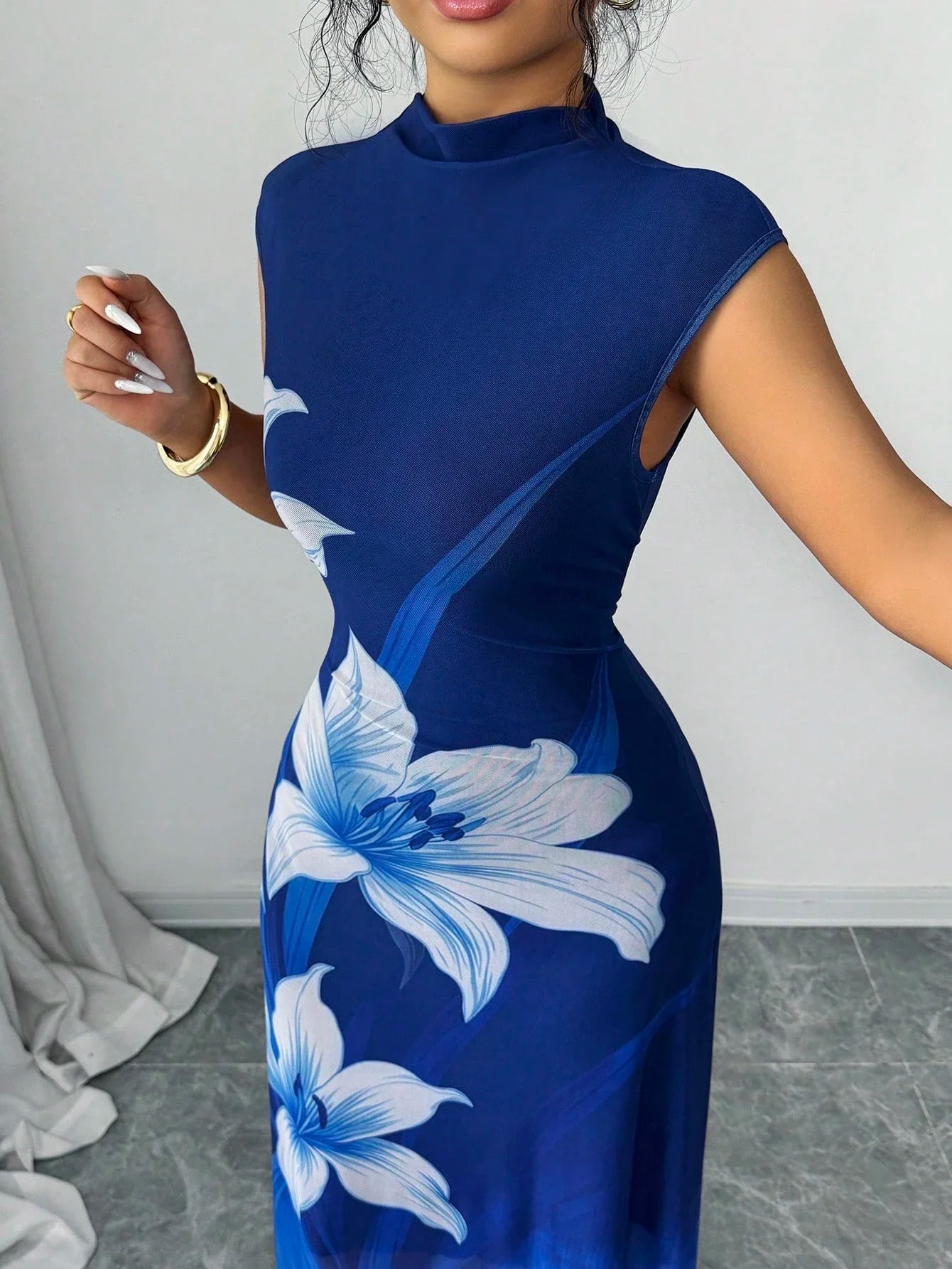 Navy Blue Ombre Mesh Floral Print Elegant Fitted A-Line Floor Length Dress