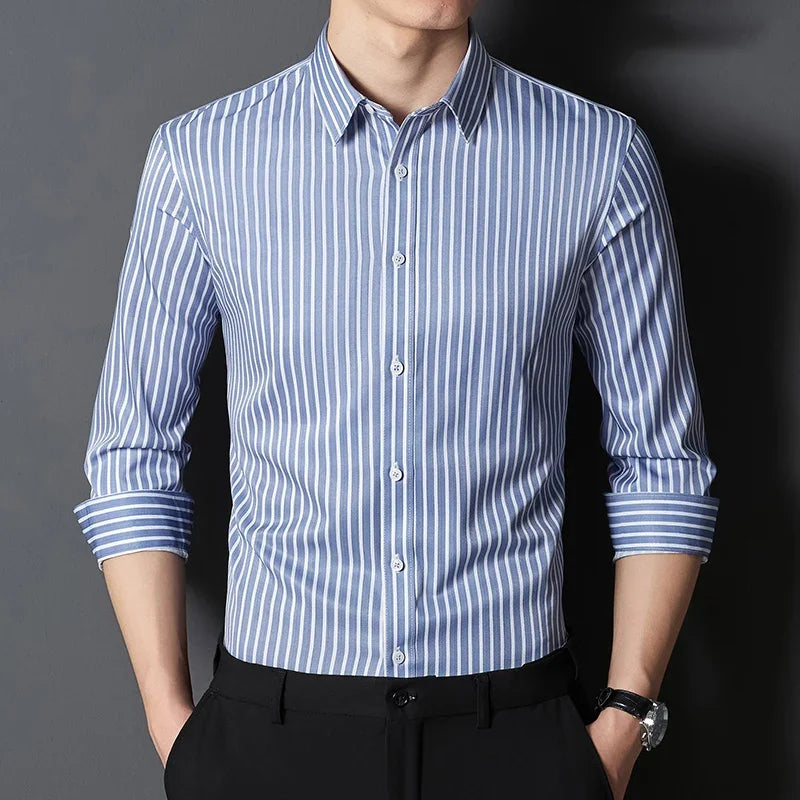 BROWON Brand 2026 Spring Long Sleeve Formal Shirt Men Manage Striped Business Shirts for Man Slim-fit Elasticity Work Man