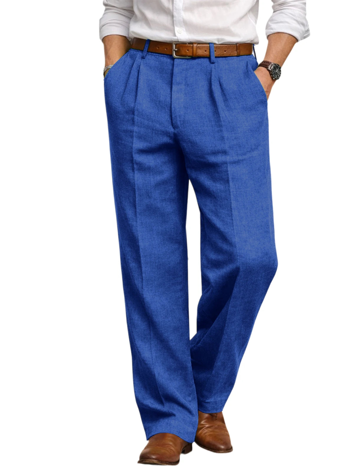 Men's Summer Linen Suit Pants High Waist Pleated Wide Leg Casual Trousers Business Formal Breathable Loose Fit Straight Pants