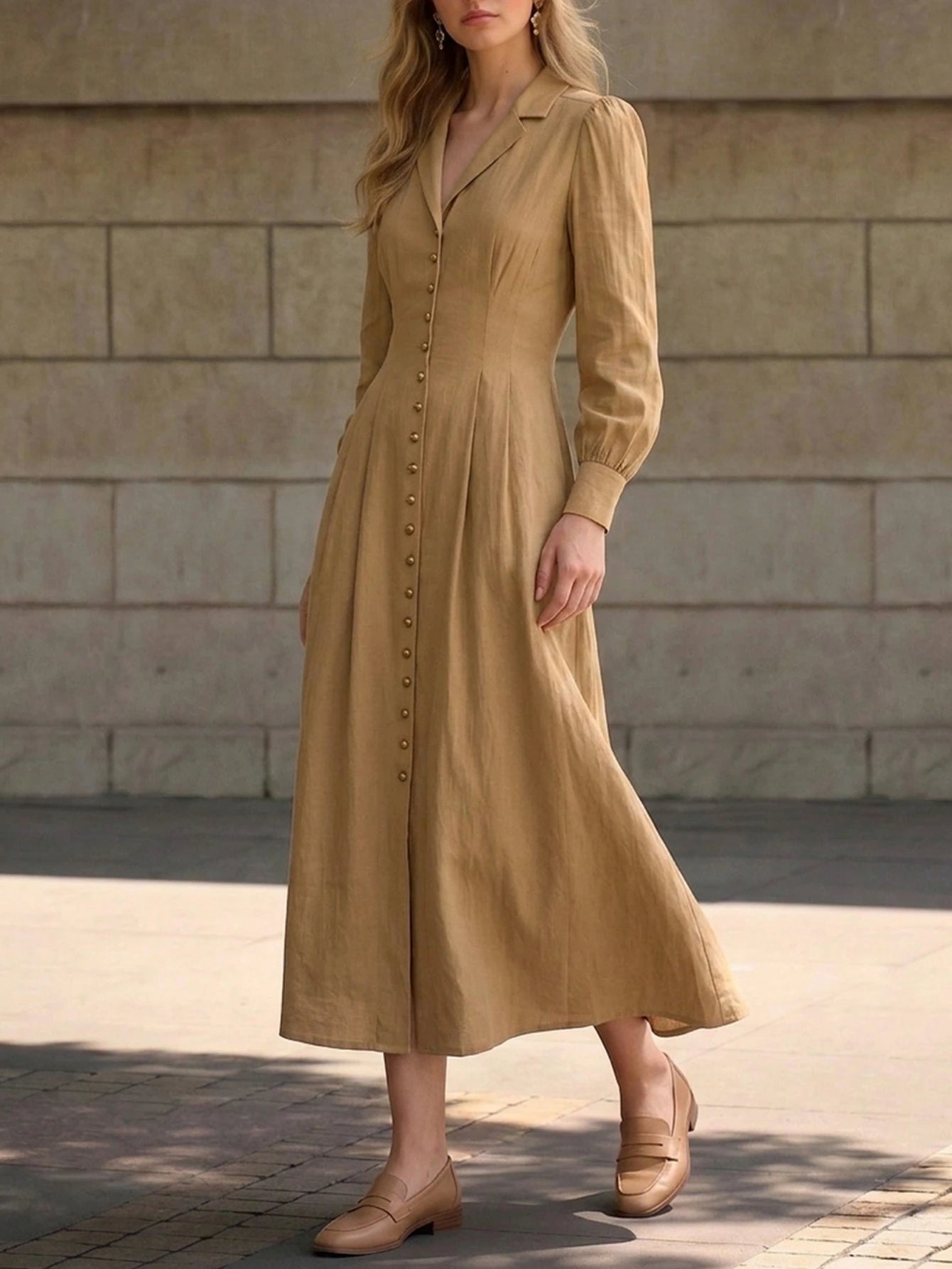 Women Midi Shirt Dress Lapel Long Sleeve Waist‑Fitted Dress With Side Pockets Front Button Down Casual Office Daily Outdoor Elegant Mid‑Calf Length Outfit For Ladies