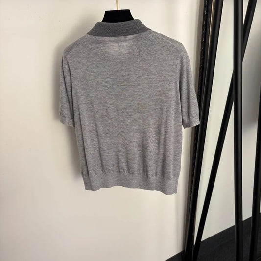 2026 Spring/Summer New Style Striped Lettered Jacquard Round-neck Short-sleeved Knit Top