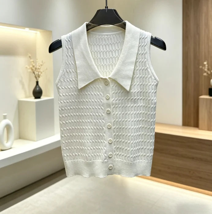 2026 Summer New Women's Collared Knit Vest Textured Sleeveless Cardigan for Layering ZX18558