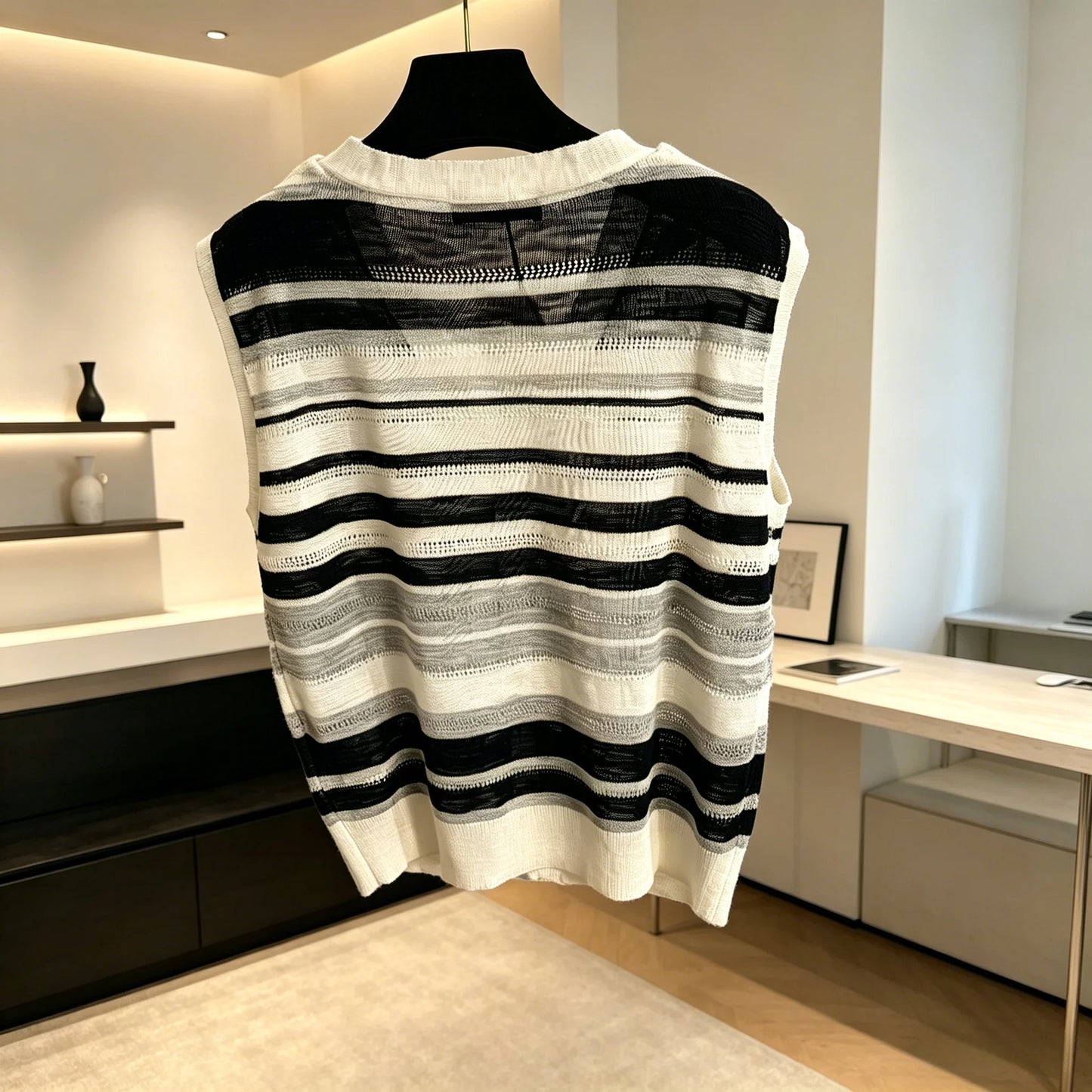 2026 Summer Women's Striped Openwork Knit Vest with Back Slit Sleeveless Layering Tank Top ZX060