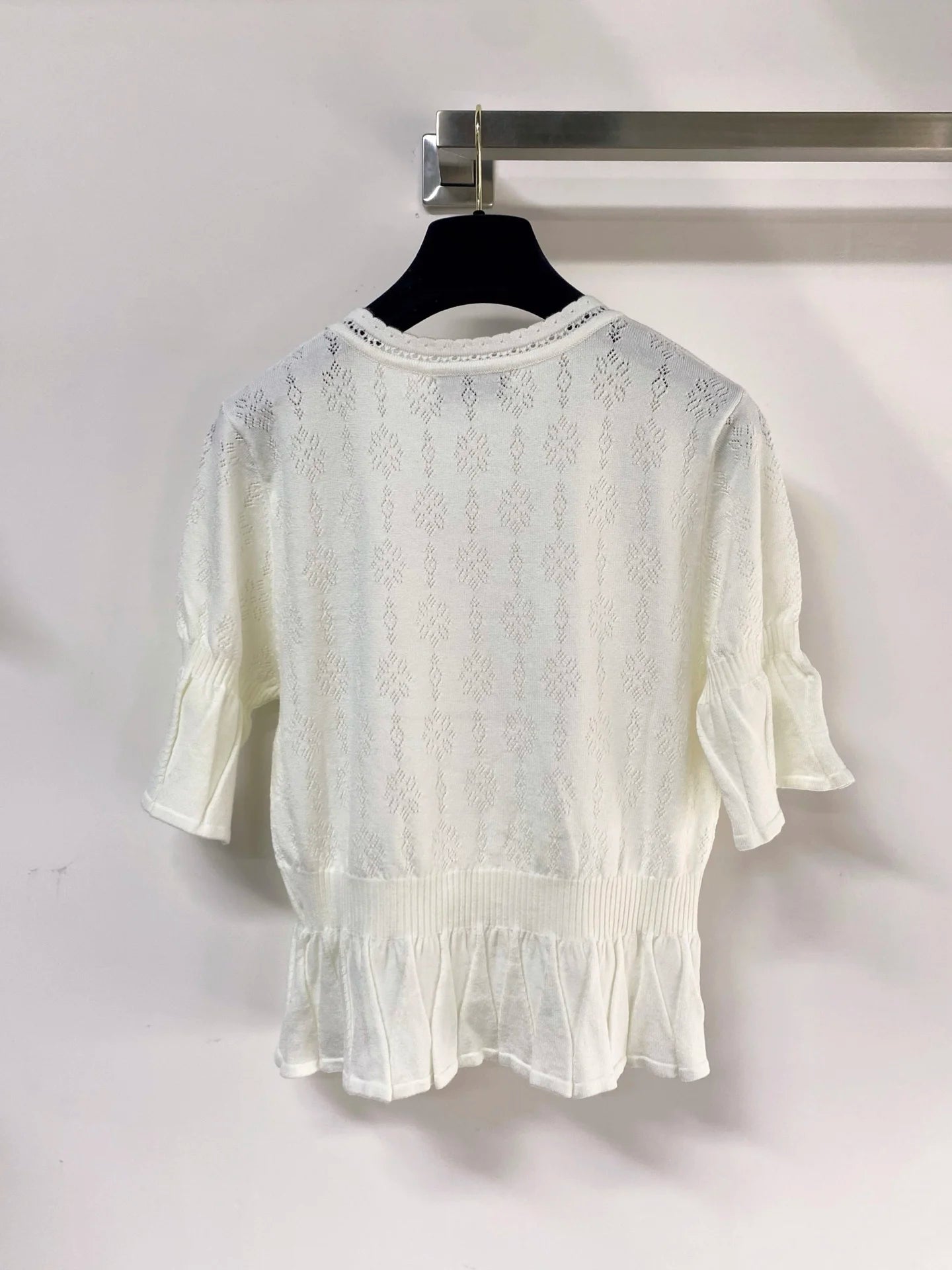 2026 Summer Women's Scalloped Lace Neck Floral Openwork Knit Top Flounce Hem Elbow Sleeve Blouse ZX18566