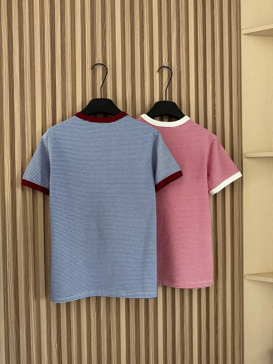Summer Women's Knit Stripe T Shirt Loose Fit Pullover Casual