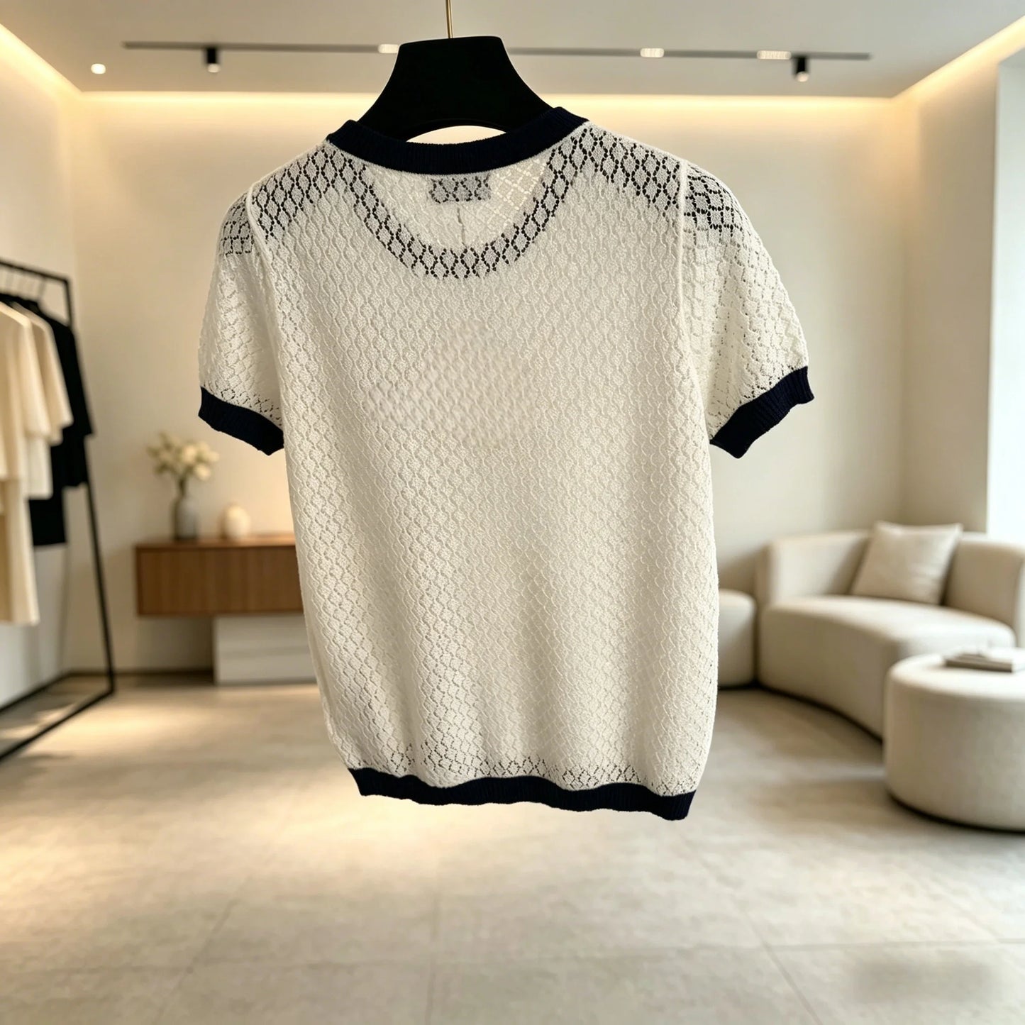 2026 Summer Women's Breathable Crochet Knit Top Contrast Trim Short Sleeve Tee ZX18557