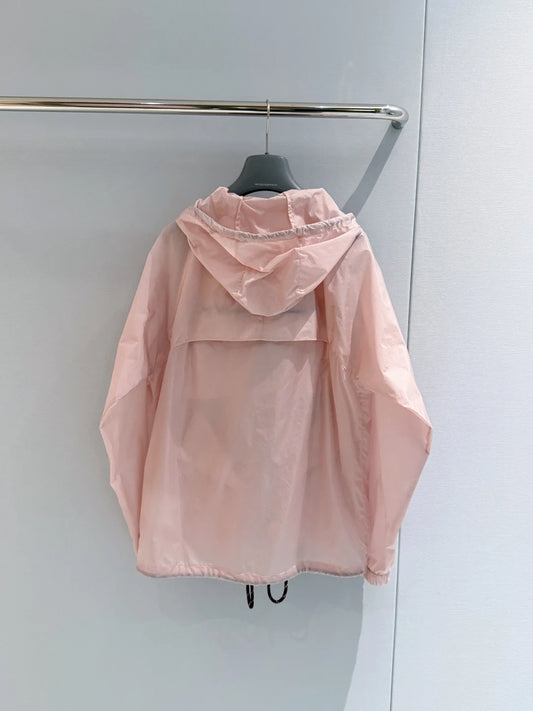 2026 Summer New Style Light Pink Loose-Fitting Slimming Hooded Drawstring Sunscreen Windbreaker Jacket For Women