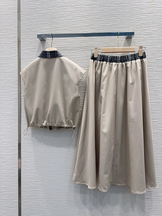 Youthful Patched Set With Collarless Drop Jacket And Umbrella Skirt