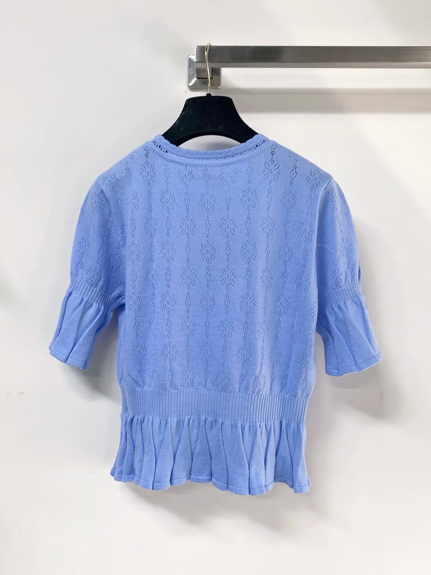 2026 Summer Women's Scalloped Lace Neck Floral Openwork Knit Top Flounce Hem Elbow Sleeve Blouse ZX18566