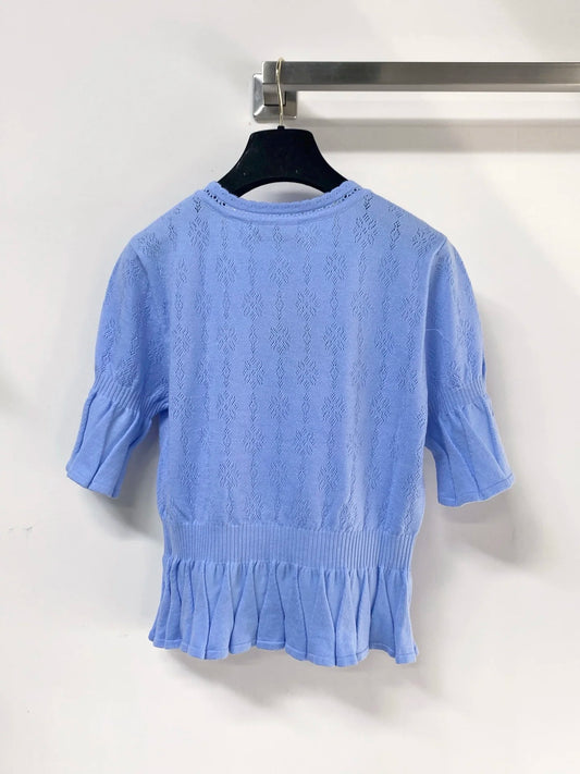 2026 Summer Women's Scalloped Lace Neck Floral Openwork Knit Top Flounce Hem Elbow Sleeve Blouse ZX18566