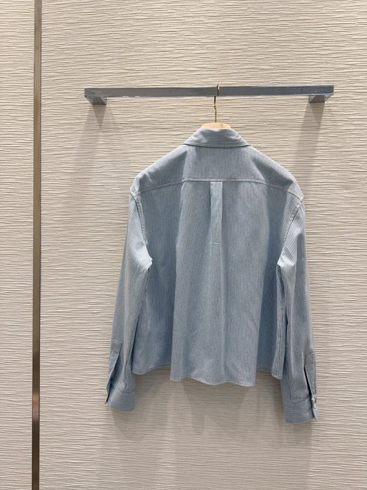 2026 Spring/Summer New Style Letter Pocket Collar Long-Sleeved Shirt Fashion Loose Stripe Shirt Women