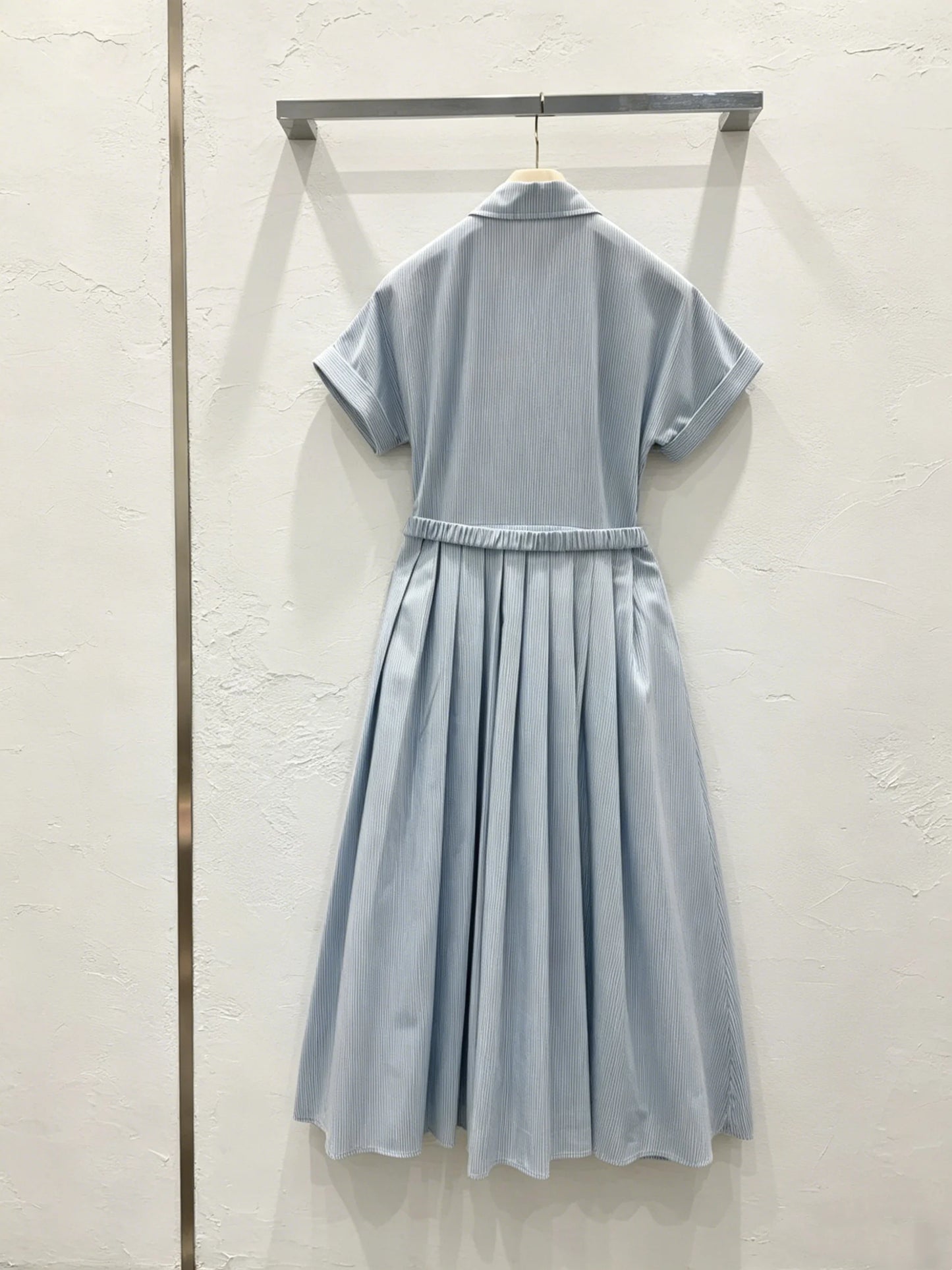 Womens Lapel Striped Short Sleeve Dress With Belt Premium