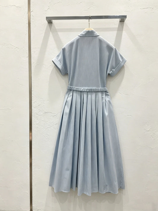 Womens Lapel Striped Short Sleeve Dress With Belt Premium
