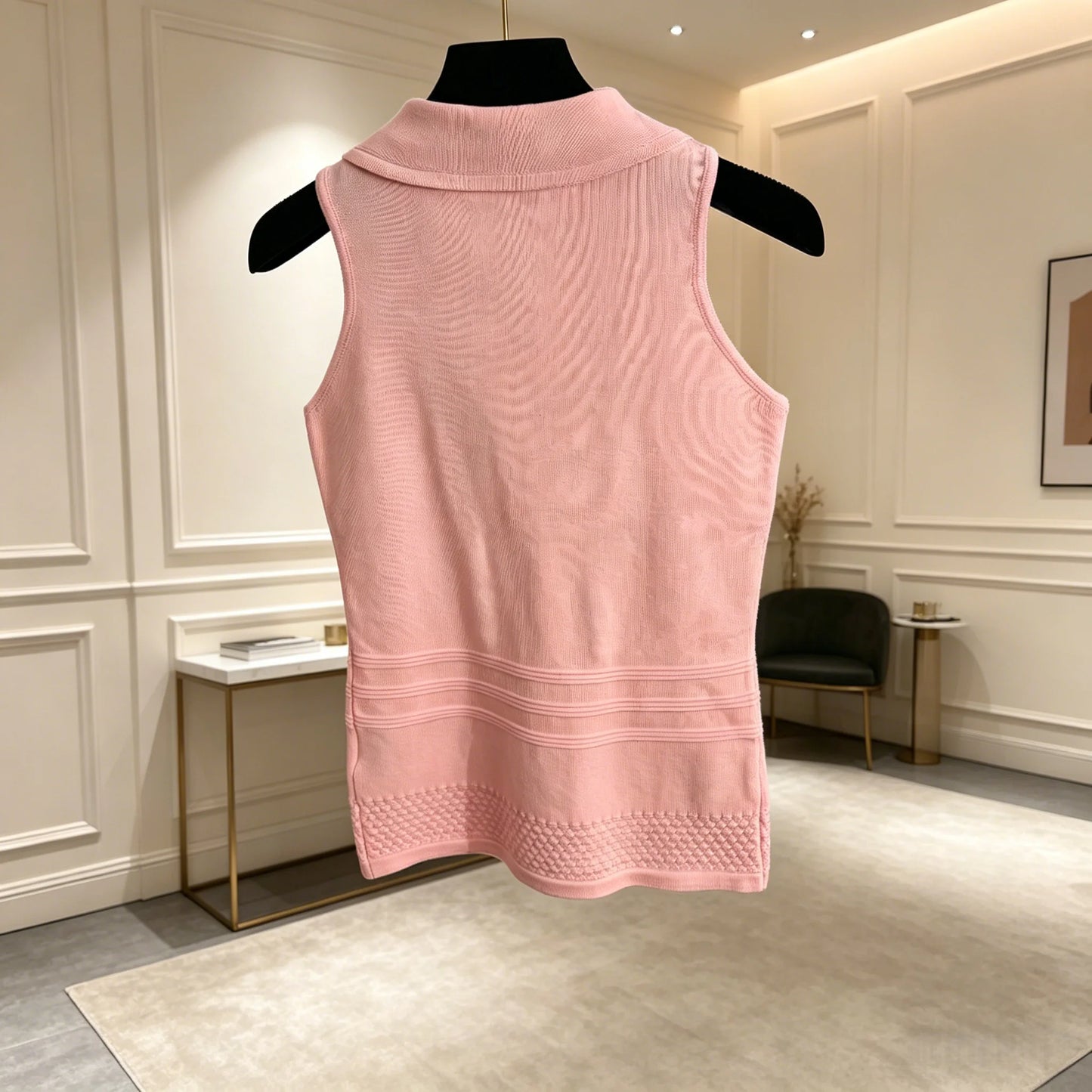 2026 Spring Summer Women's Shawl Collar Ribbed Knit Sleeveless Top ZX057