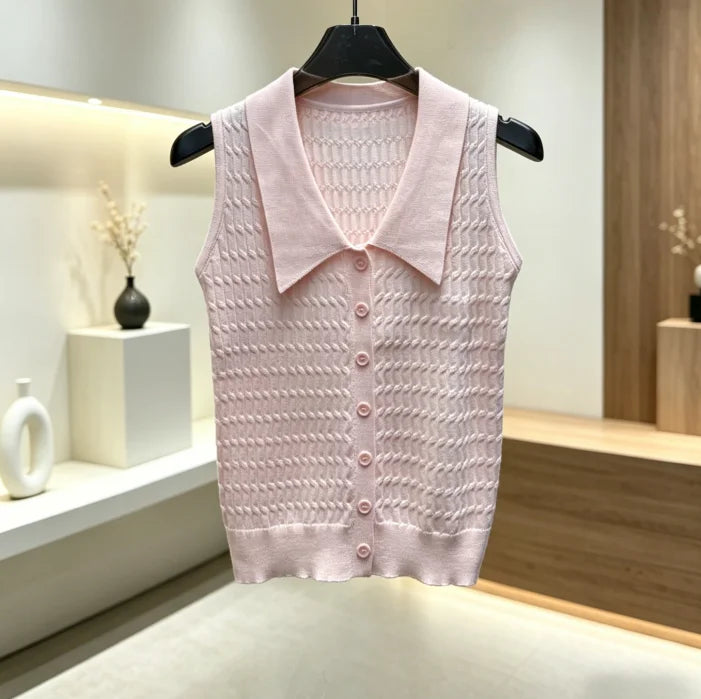 2026 Summer New Women's Collared Knit Vest Textured Sleeveless Cardigan for Layering ZX18558