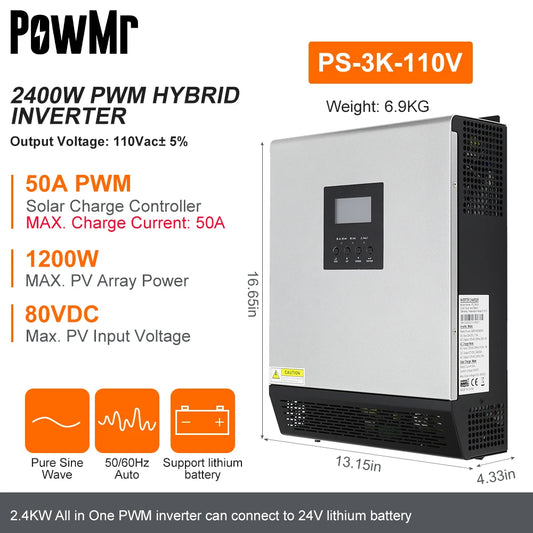 PowMr 3KW Hybrid Solar Inverter 24V To 110 120 240V