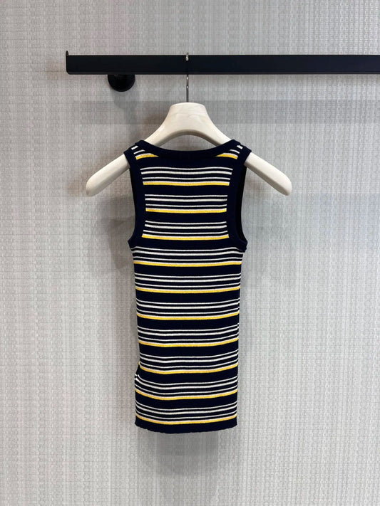 2026 Summer Women's Multicolor Stripe Ribbed Knit Tank Top Slim Fit Crew Neck Sleeveless Top with Side Slit ZX082