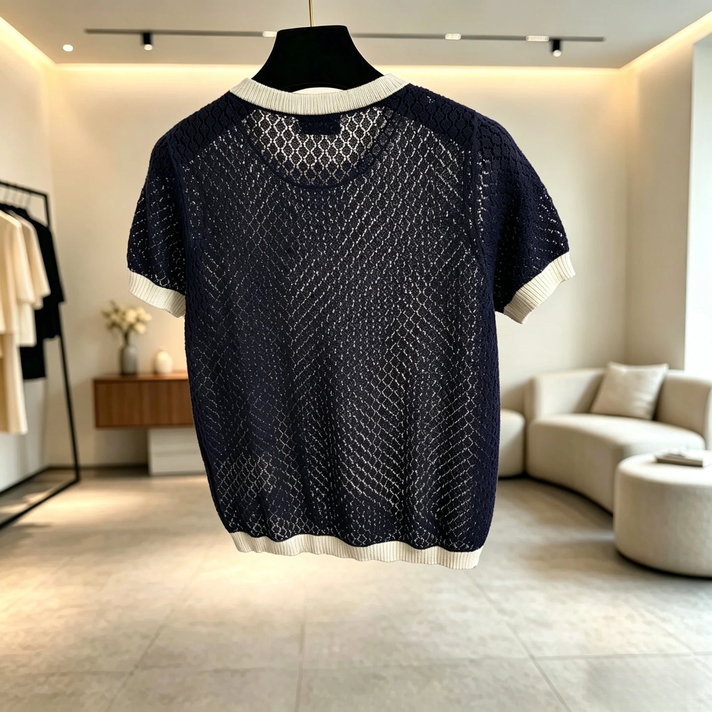 2026 Summer Women's Breathable Crochet Knit Top Contrast Trim Short Sleeve Tee ZX18557