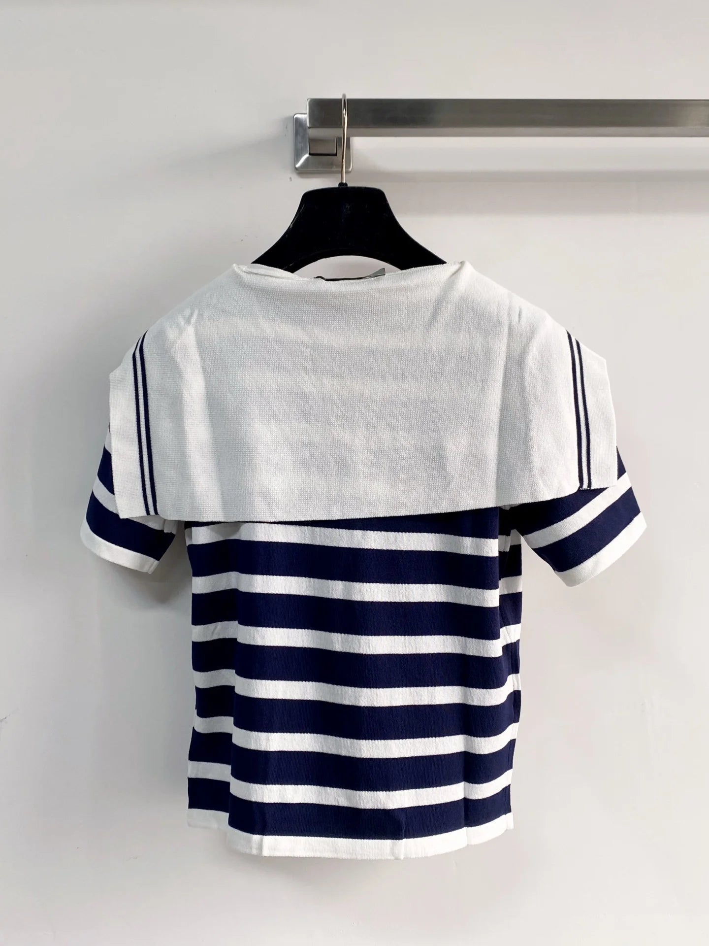 2026 Spring/Summer Women's Short-Sleeve Knitted Top Collared Blue & White Stripes Slim-Fit Elegant Summer Style