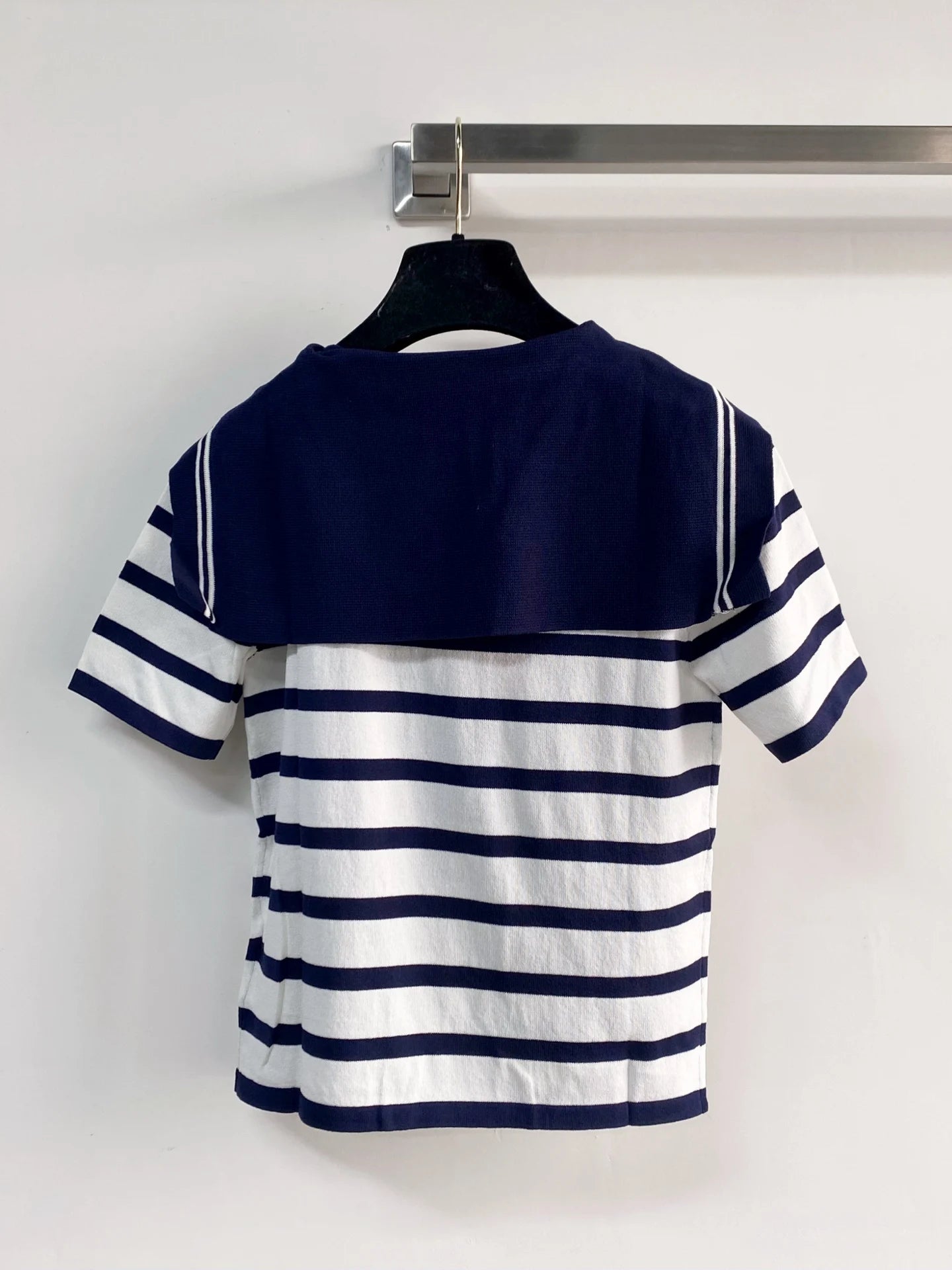 2026 Spring/Summer Women's Short-Sleeve Knitted Top Collared Blue & White Stripes Slim-Fit Elegant Summer Style
