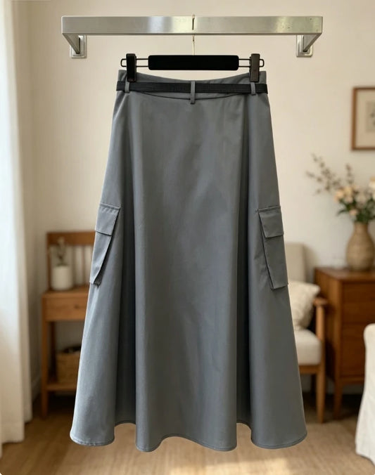 26 Summer Half Skirt New Women's Knitted Casual Hundred Fold Solid Color [Comes with Belt]