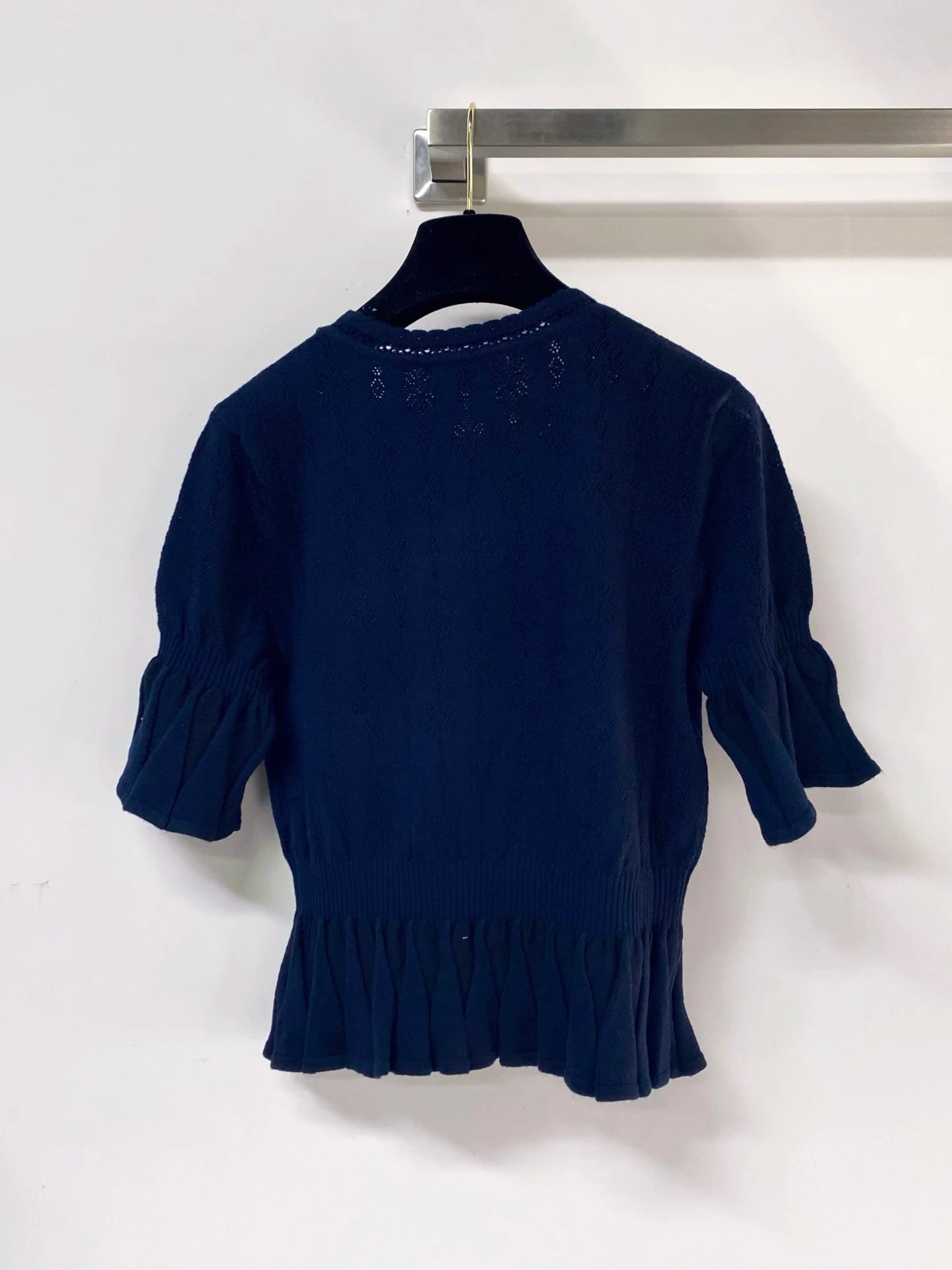 2026 Summer Women's Scalloped Lace Neck Floral Openwork Knit Top Flounce Hem Elbow Sleeve Blouse ZX18566