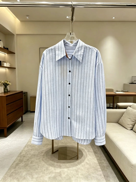 2026 Spring/Summer New Style Letter Pocket Collar Long-Sleeved Shirt Fashion Loose Stripe Shirt Women