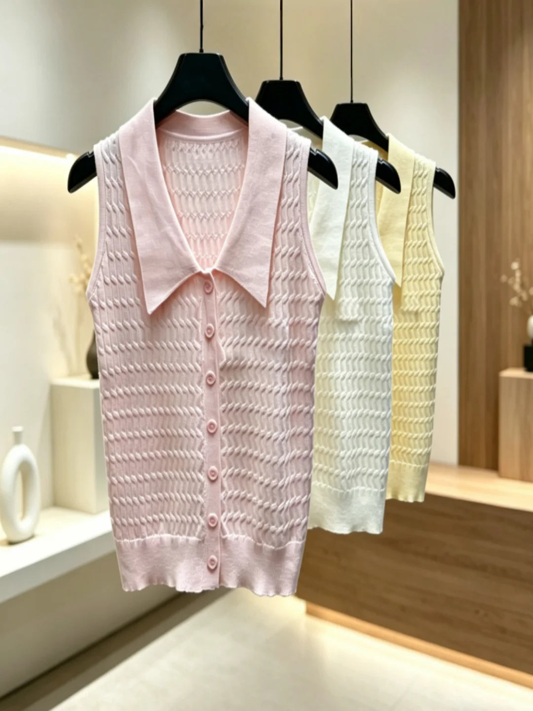 2026 Summer New Women's Collared Knit Vest Textured Sleeveless Cardigan for Layering ZX18558