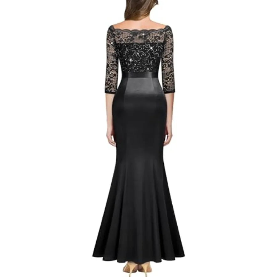 Women's Sexy Off Shoulder Floral Lace Formal Wedding Party Maxi Dress