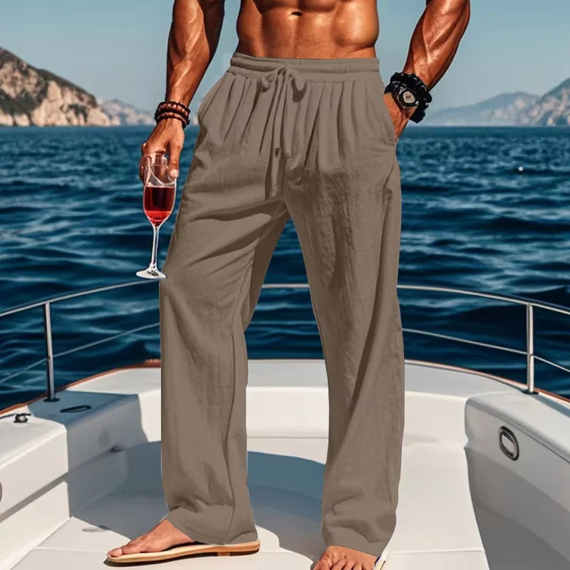 Men's Linen Casual Pants Elastic Drawstring Waist Wide Leg Trousers Summer Breathable Loose Fit Beach Pants Holiday Daily Wear