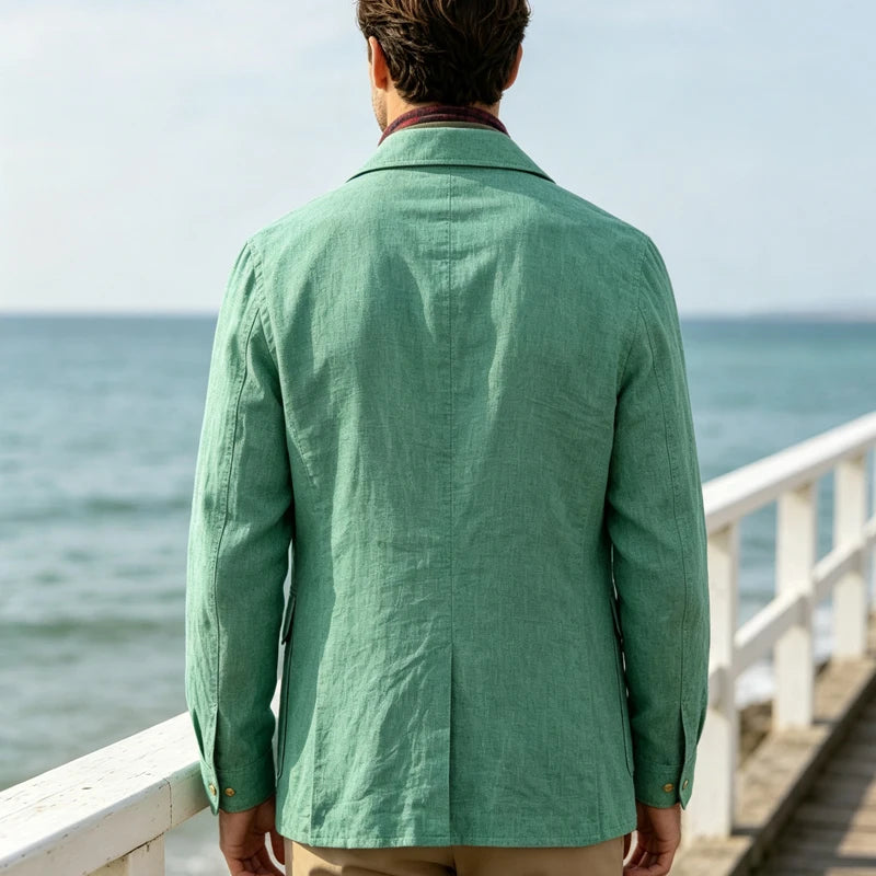 Mens Vintage Linen Jacket With Breathable Gold Button Lapel Design