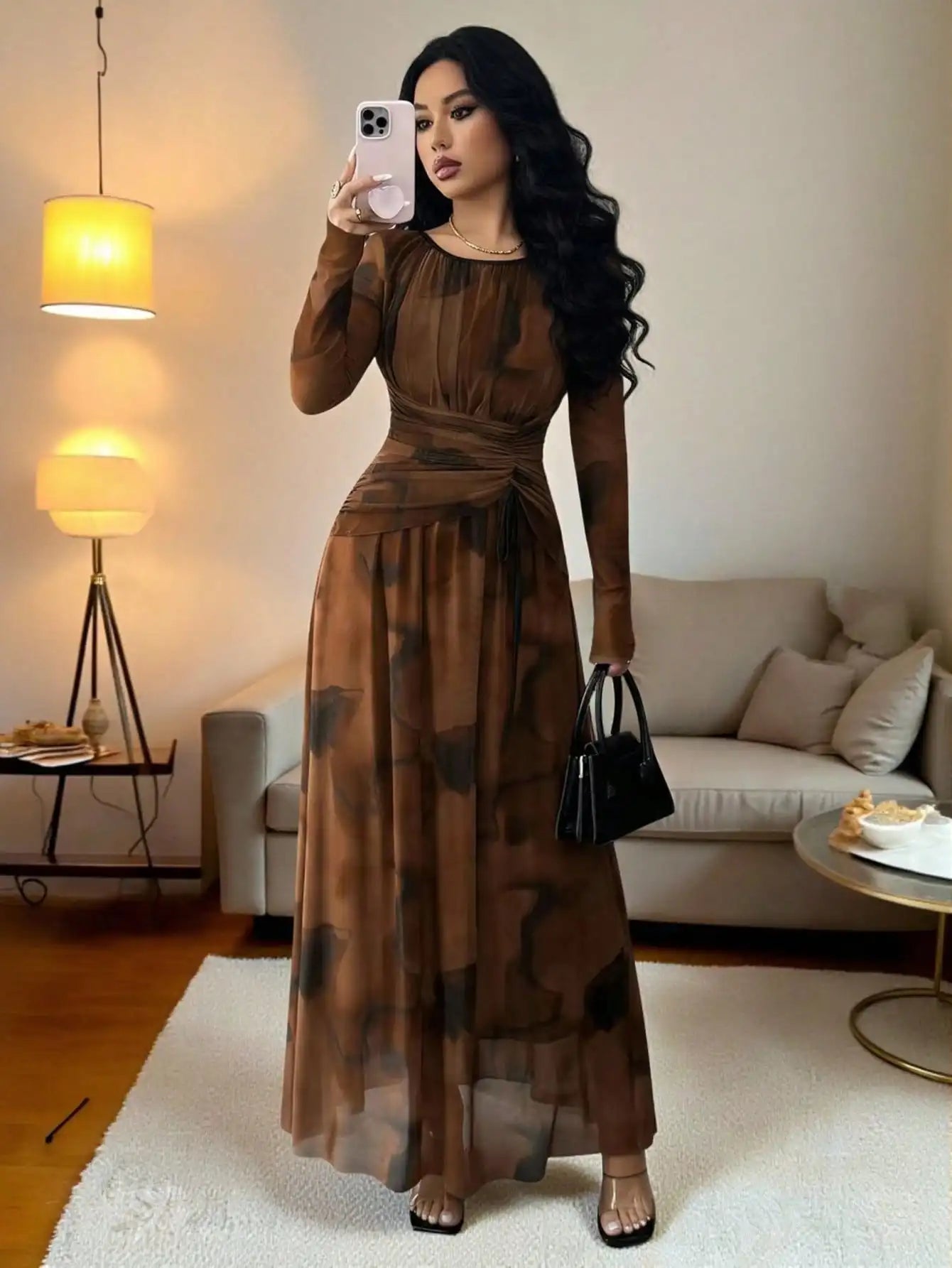 Elegant Floral Print Long Sleeve Maxi Dress With Drawstring Waist