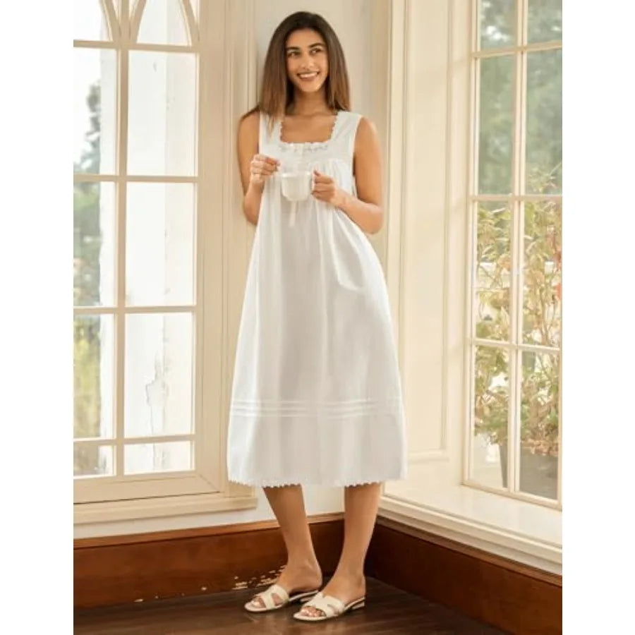 100% Cotton Nightgowns for Women Soft Sleeveless Night Gown Long Sleepwear with Pockets, XS-5XL