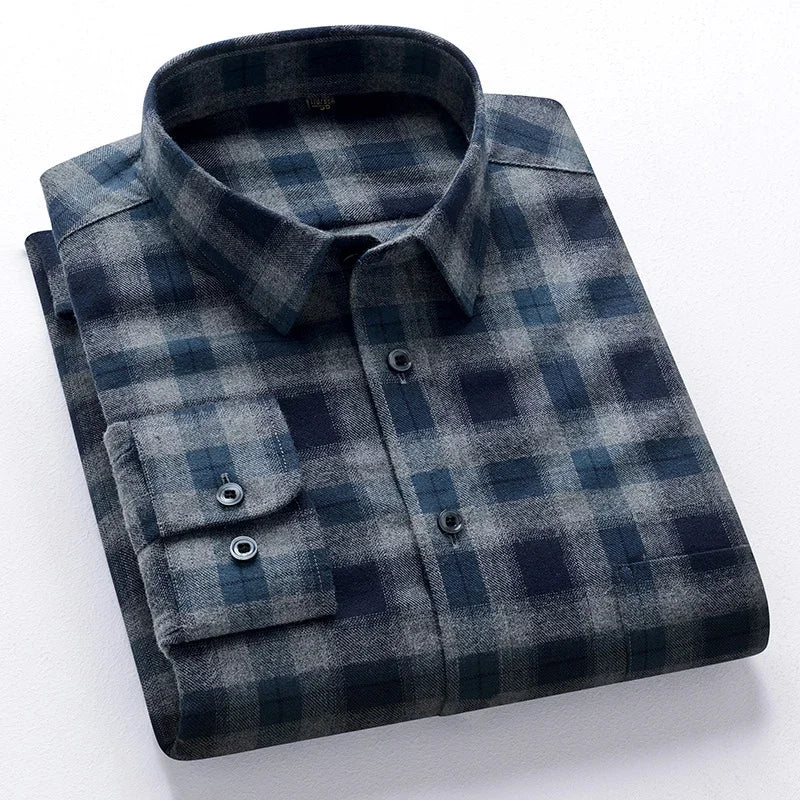 BROWON Men Cotton Plaid Shirt Long Sleeve Slim Fit Business